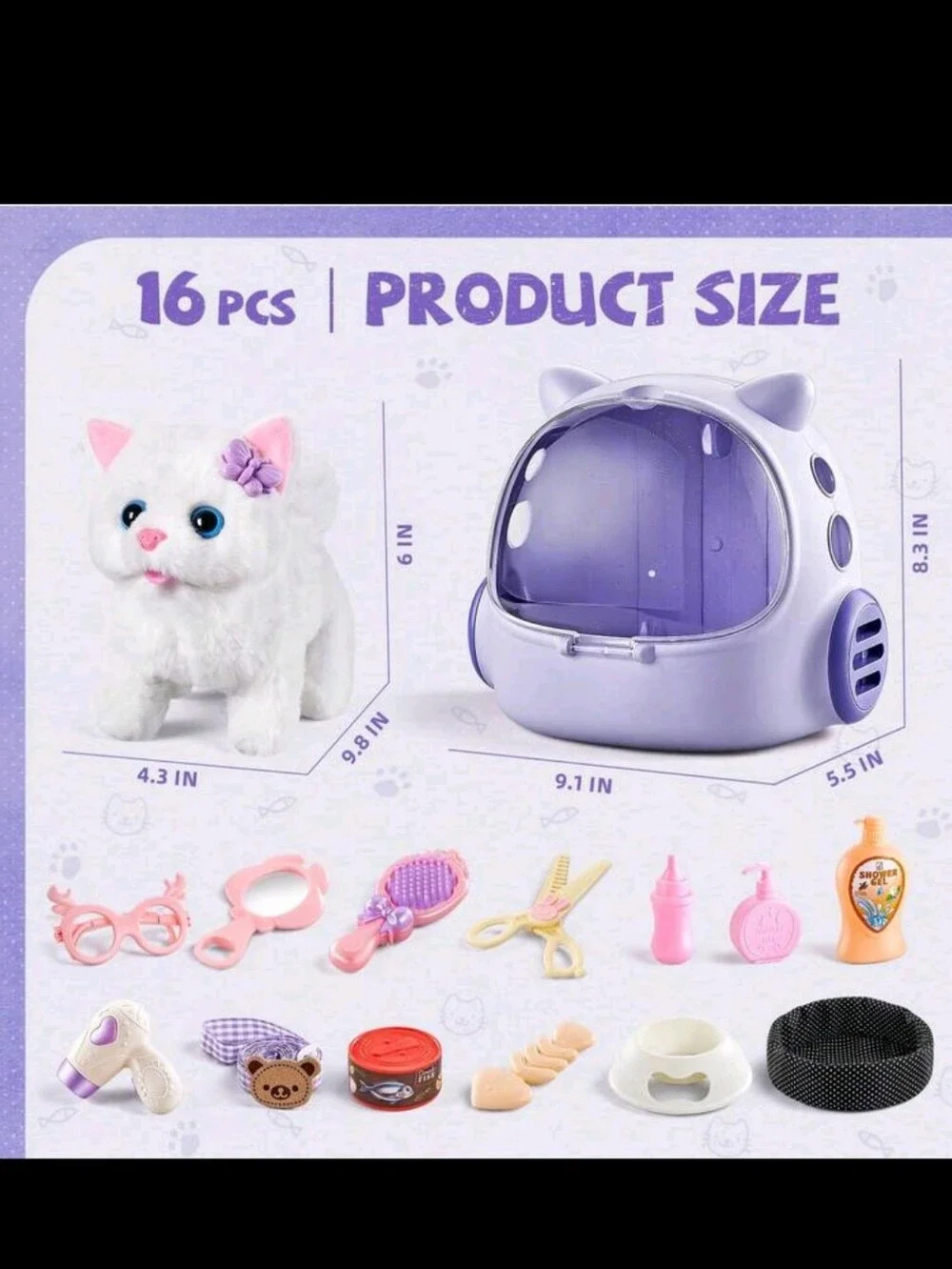 Plush White Kitten Playset with Mauve Purple Carrier - Pet Roleplay Set